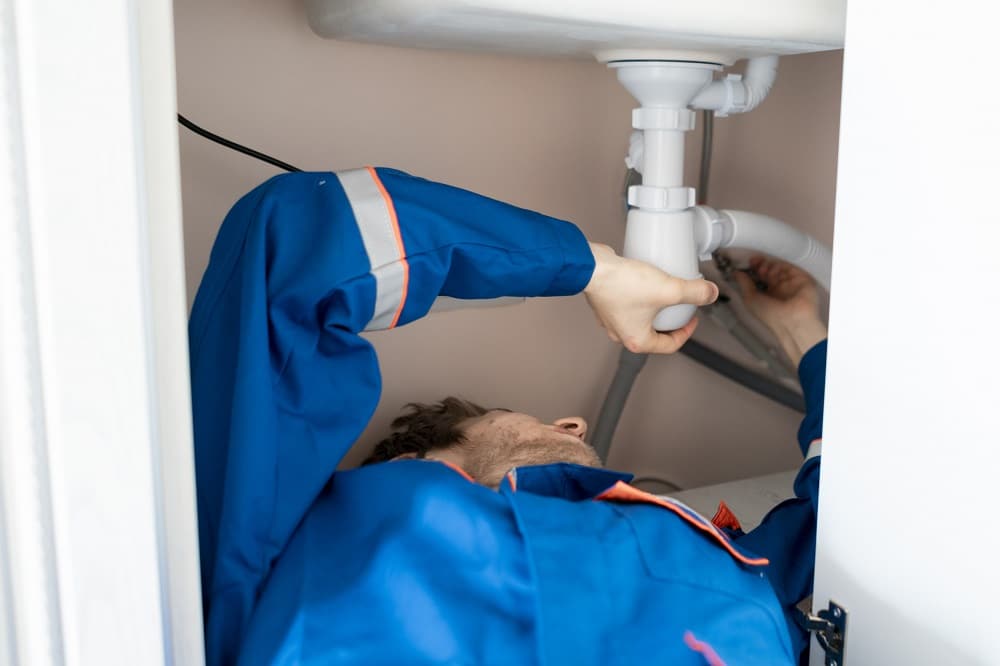 plumber in blue uniform lying in the kitchen and repair the water