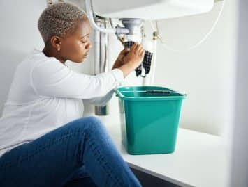 Plumbing, leak and a black woman in the bathroom of her home with a cloth and bucket waiting for as.