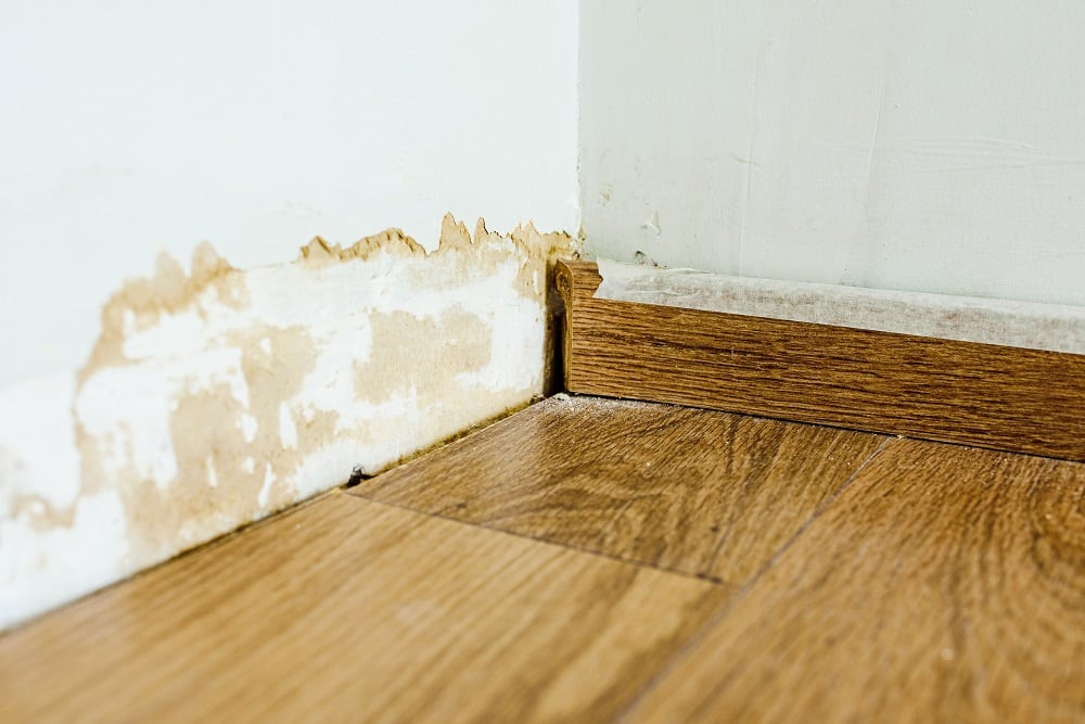 A white wall with a large section of plaster broken off reveals the underlying concrete and water stains on the floor, suggesting potential slab leaks repair may be needed.