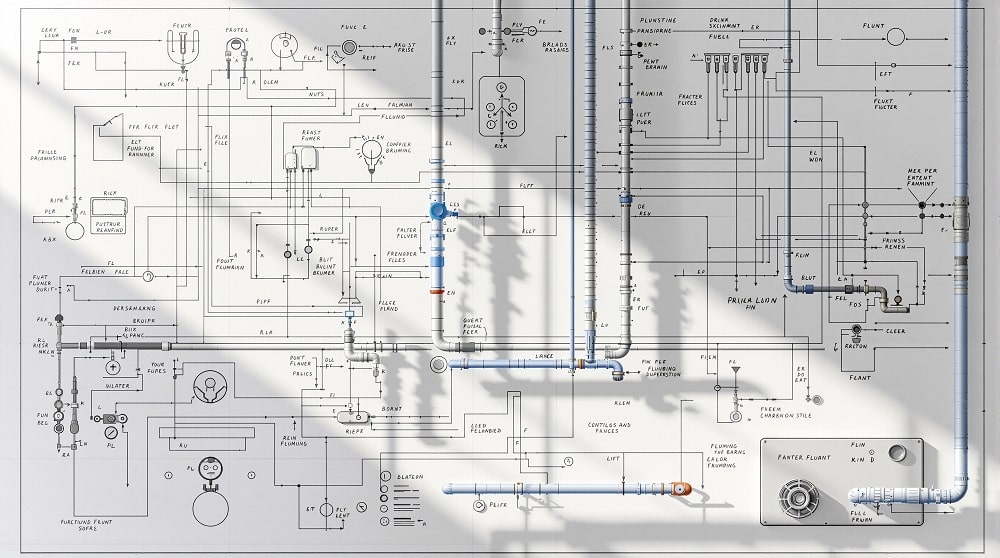 A detailed technical diagram with labeled electrical and mechanical components, overlaid with real metal pipes and valves, illustrating aspects of plumbing renovation, all set against a white background with realistic shadows.