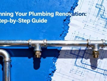 Metal plumbing pipes run alongside blue construction blueprints; text reads "Planning Your Plumbing Renovation: A Step-by-Step Guide" on a blue background, highlighting essential steps for a successful plumbing renovation.