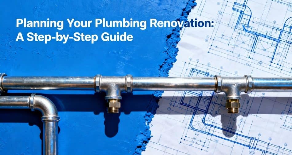 Metal plumbing pipes run alongside blue construction blueprints; text reads "Planning Your Plumbing Renovation: A Step-by-Step Guide" on a blue background, highlighting essential steps for a successful plumbing renovation.