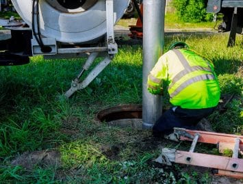 A worker in a high-visibility jacket and helmet operates equipment at an open manhole, providing Sewer Inspection Services in New Orleans, on a grassy area beside a truck and an orange ladder.