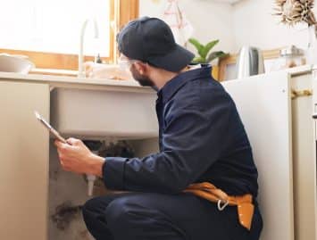 A plumber wearing a navy uniform and cap inspects the pipes under a kitchen sink while holding a clipboard, ensuring everything is ready for professional drain cleaning.