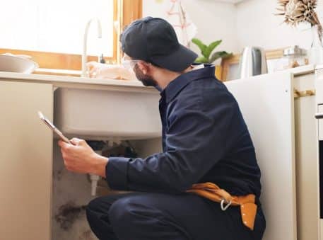 A plumber wearing a navy uniform and cap inspects the pipes under a kitchen sink while holding a clipboard, ensuring everything is ready for professional drain cleaning.
