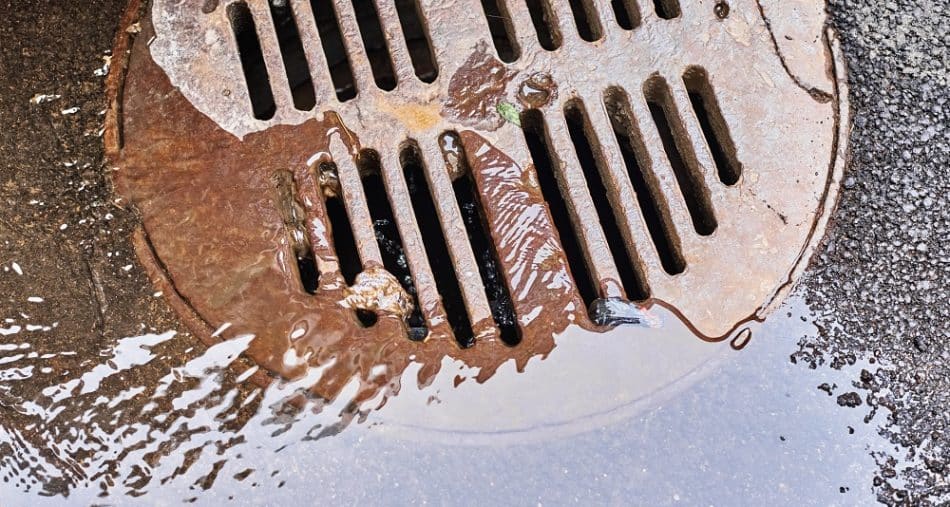 A close-up of a rusty metal storm drain cover with water flowing into it, surrounded by wet pavement—a reminder of the benefits of regular sewer inspections for preventing blockages and maintaining smooth drainage.
